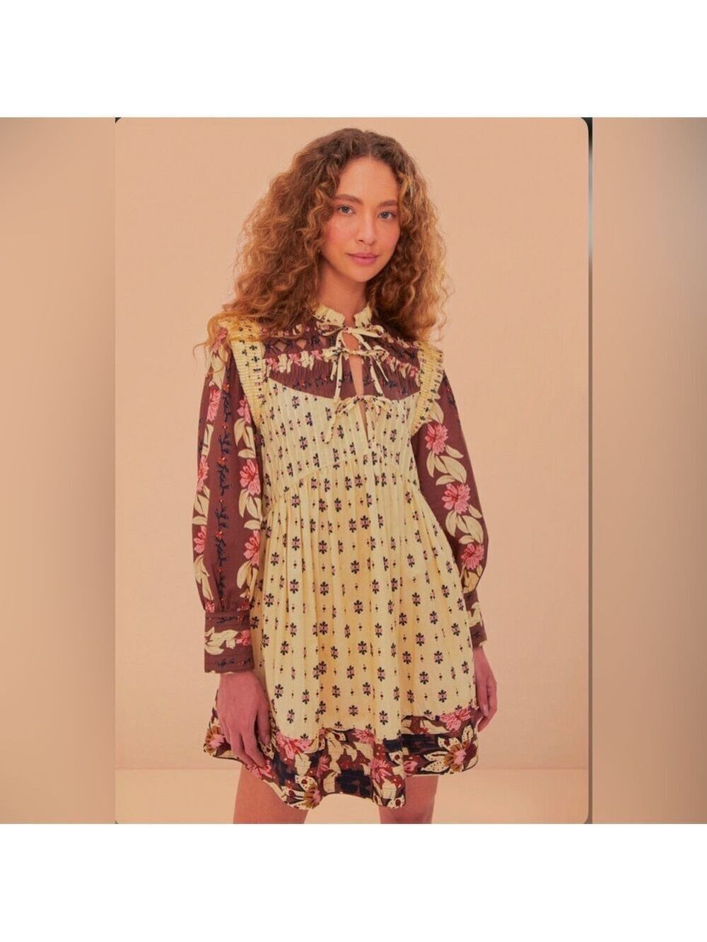 Farm Rio Ainika Maxi Floral Cream Open Yoke Mini Dress